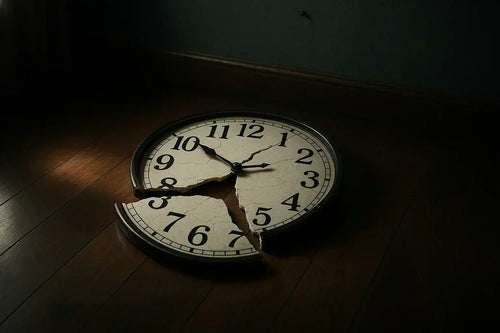Broken analog clock face with cracked glass lying on wooden floor after falling from wall