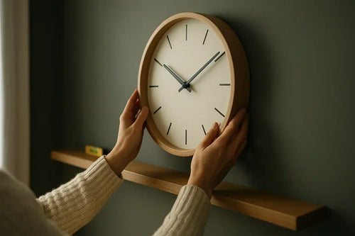 Hands positioning round wall clock on light wall at eye level using spirit level tool