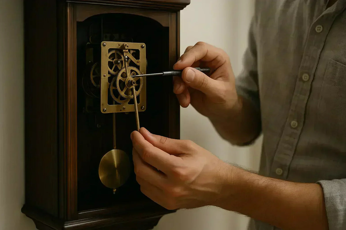 Pendulum wall clock being repaired with case open showing pendulum, suspension spring, and movement