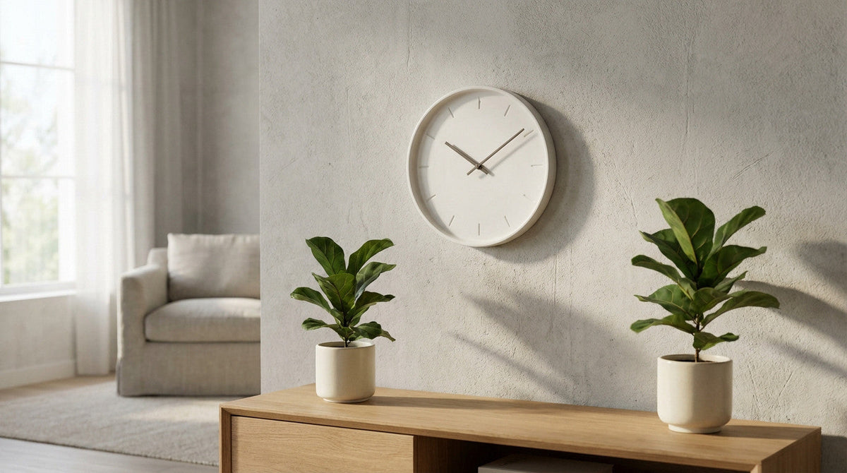 Clean minimalist wall clock with white face and thin black hands mounted on light Scandinavian-style wall