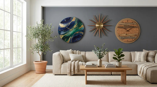 Oversized mid-century modern wall clock with warm wood tones as statement piece in contemporary interior