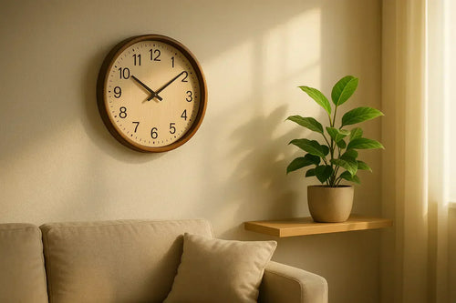 Elegant round wall clock with light frame placed on north-facing wall in harmonious living room