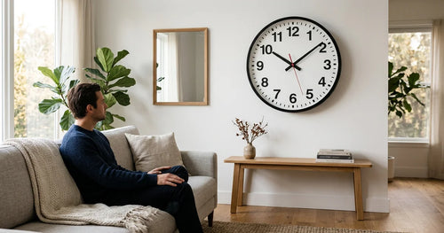 Person easily reading a numeric digital wall clock from across modern living room