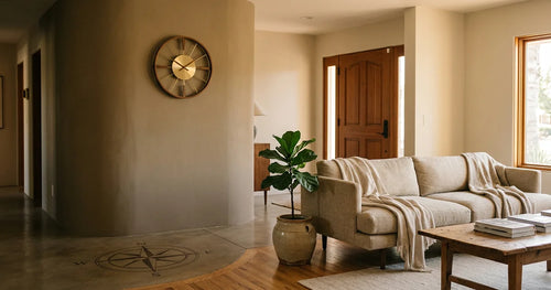 Living room showing feng shui clock placement away from main door