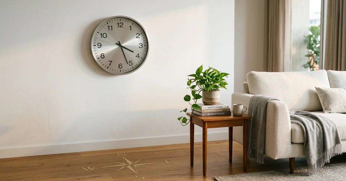 Modern living room with silver clock on north wall showing Vastu placement