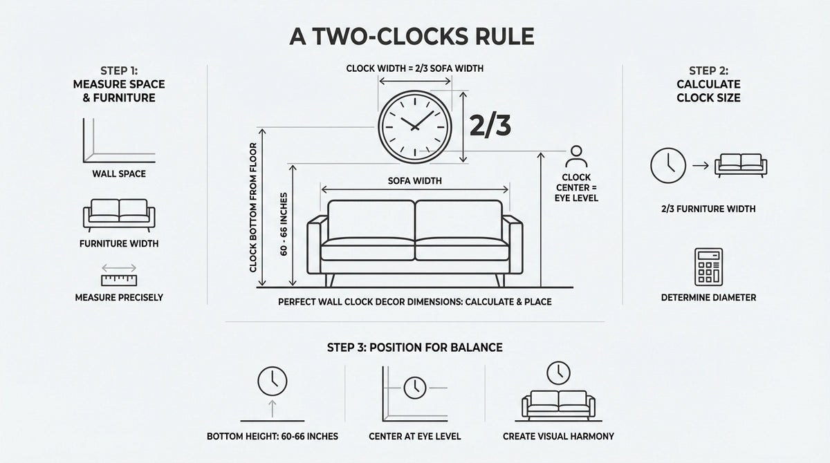 Minimalist wall clock centered above a modern sideboard following the two-thirds width rule