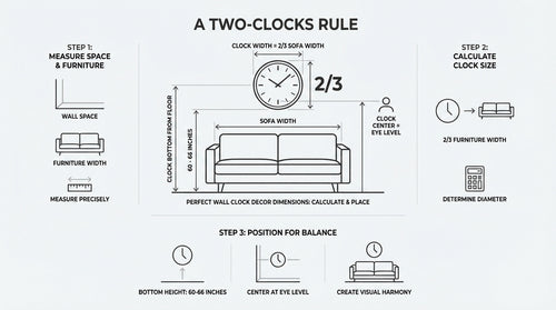 Minimalist wall clock centered above a modern sideboard following the two-thirds width rule