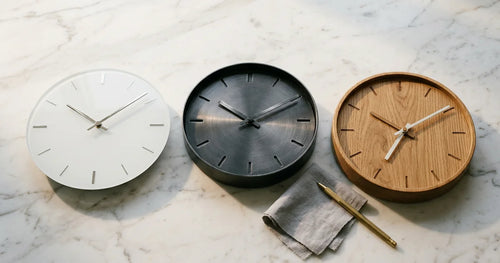 Three modern wall clocks showcasing different materials and design styles