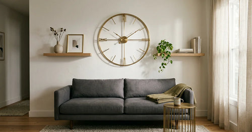 Modern living room with large brass wall clock and symmetrical decor arrangement
