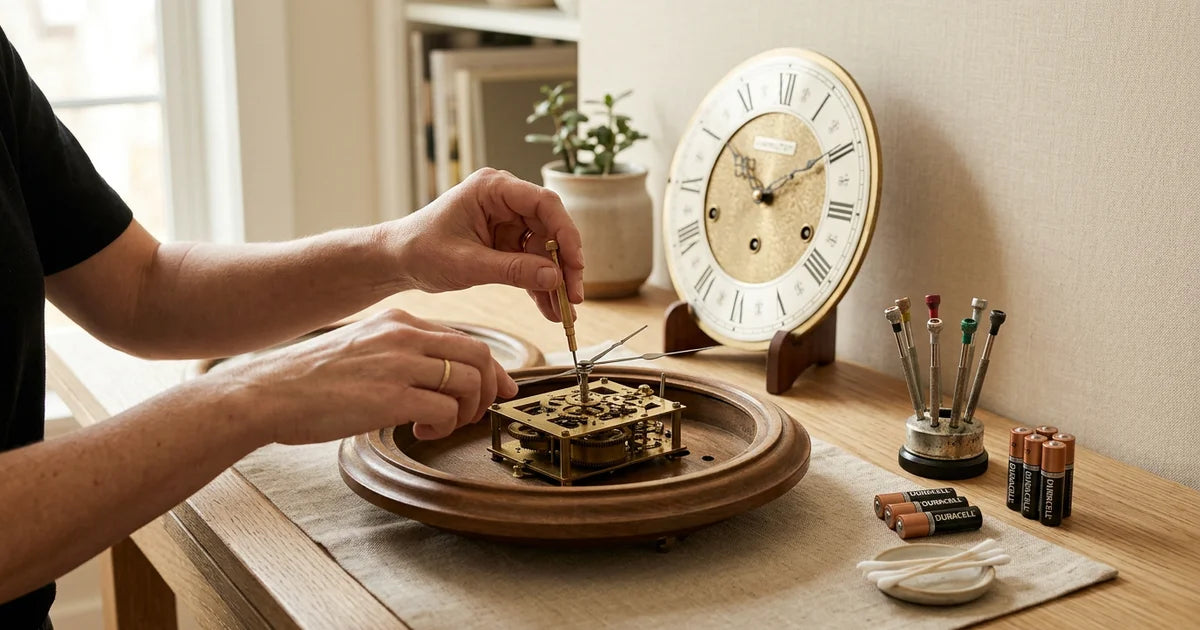 DIY wall clock repair workspace with disassembled timepiece and essential tools