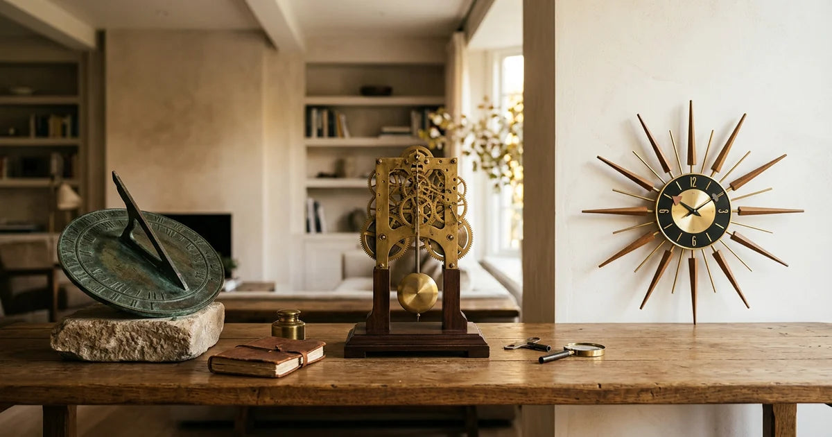 Timeline showing evolution from ancient sundial to modern wall clock design