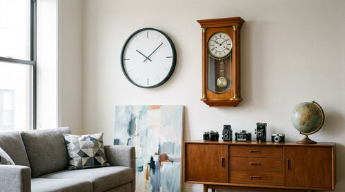 Split image showing sleek modern minimalist wall clock left and ornate vintage wall clock right