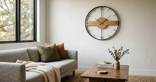 Modern wall clock on north wall with compass showing directional placement in living room
