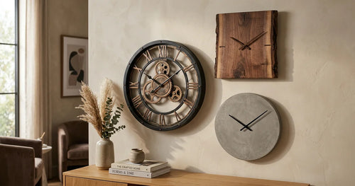 Three unique wall clocks displaying industrial, organic, and minimalist design styles