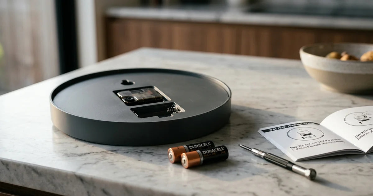 Wall clock battery replacement setup with alkaline batteries and instruction manual