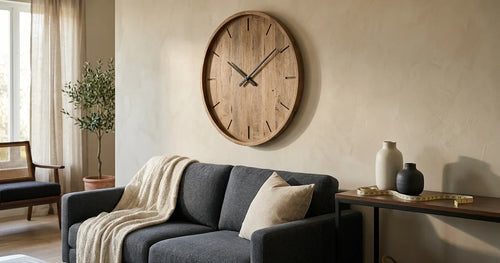 Large wooden wall clock perfectly sized above gray sofa in elegant living room
