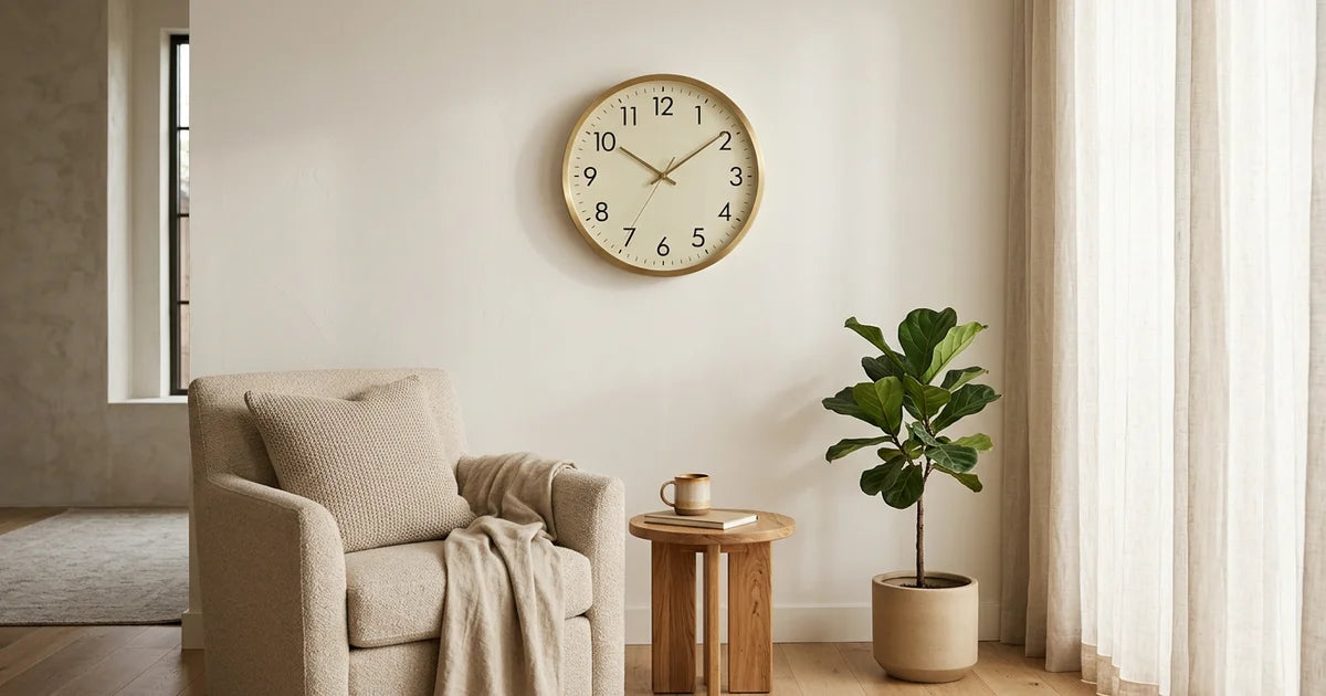 Brass circular wall clock on north wall in serene living room