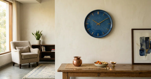 Blue wall clock on west wall demonstrating proper Vastu Shastra placement