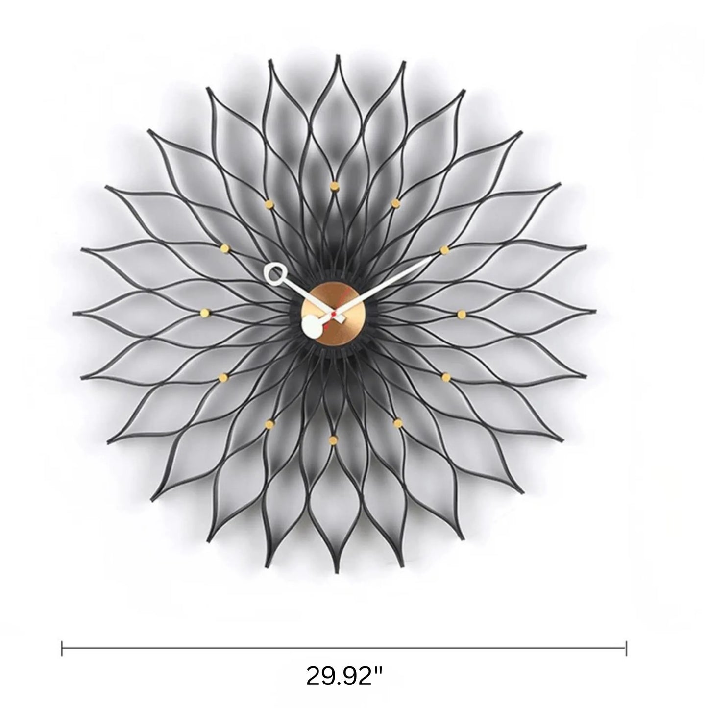 Wall Clock Decor - Jerrington features a 30 black metal petals design with gold hour markers and central disc, showcasing white hands and a red second hand for a mid-century modern touch.