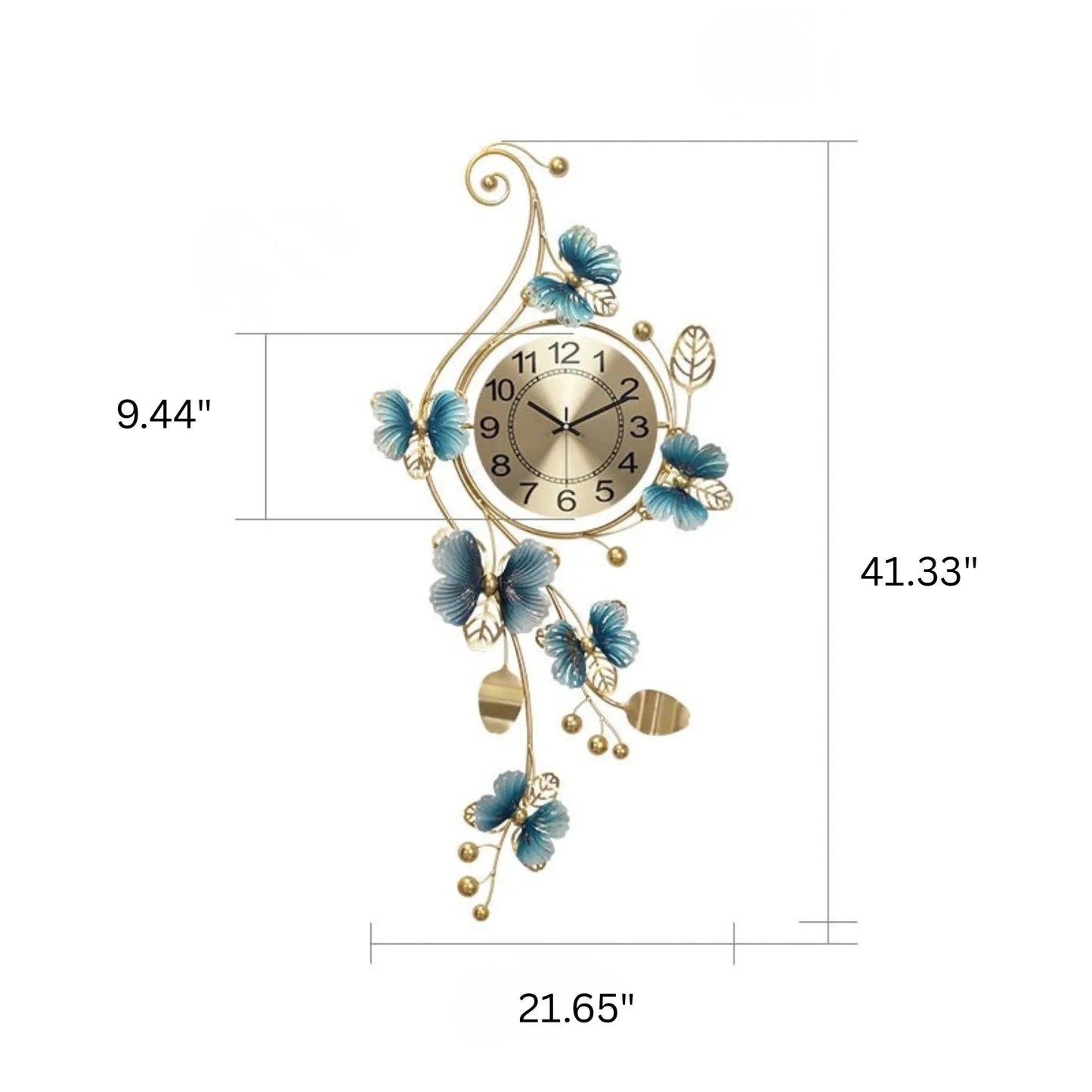 Hanging Wall Clock - Elmsford features a gold-tone metal frame with twisting vines and leaves, accented by blue butterflies and flowers, surrounding a champagne-gold dial with black numerals.