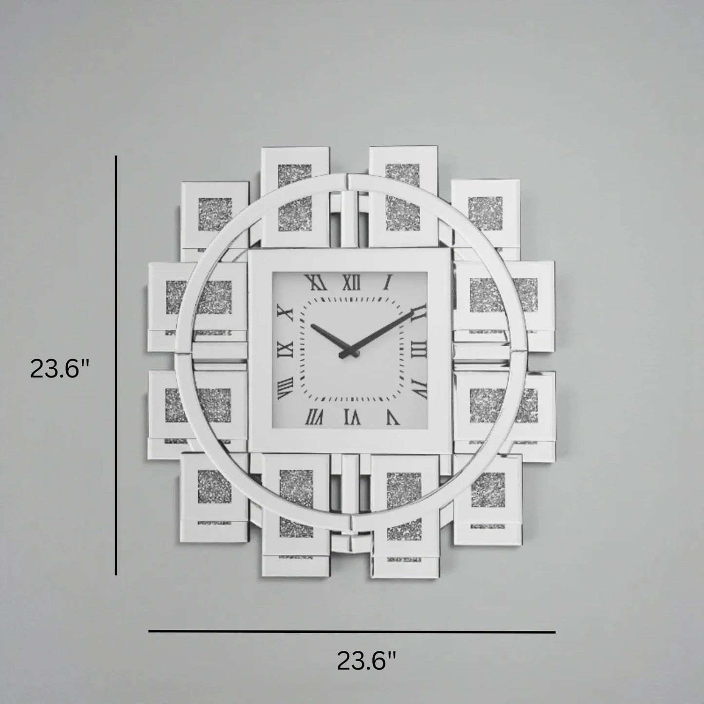 Decorative mirror wall clock - Stratton features a central square face with Roman numerals, surrounded by a circular ring and mirrored, glittered geometric tiles, embodying modern elegance.