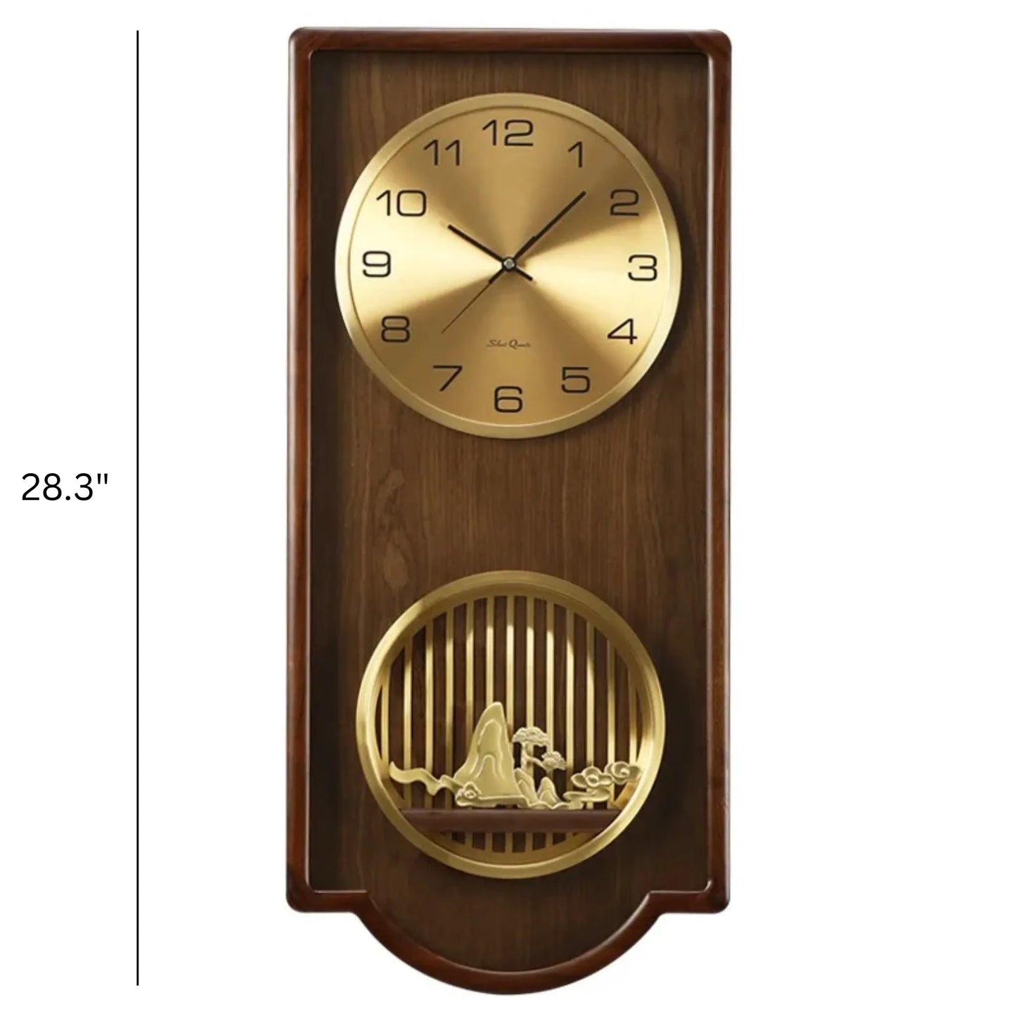 Wood Analog Wall Clock - Eastley featuring a 28″ tall rectangular wooden case with a brass clock face and a decorative lower section showcasing a stylized landscape behind vertical slats.