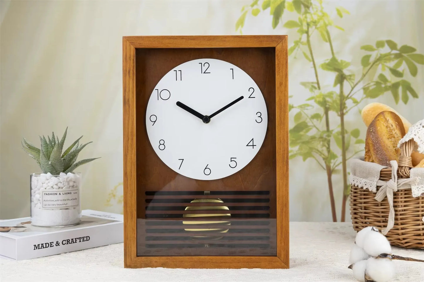 Japanese wall Clock - Lexton: A minimalist wooden tabletop clock with a white dial and brass pendulum, offering a serene, elegant touch, perfect for adding tranquility to any space.