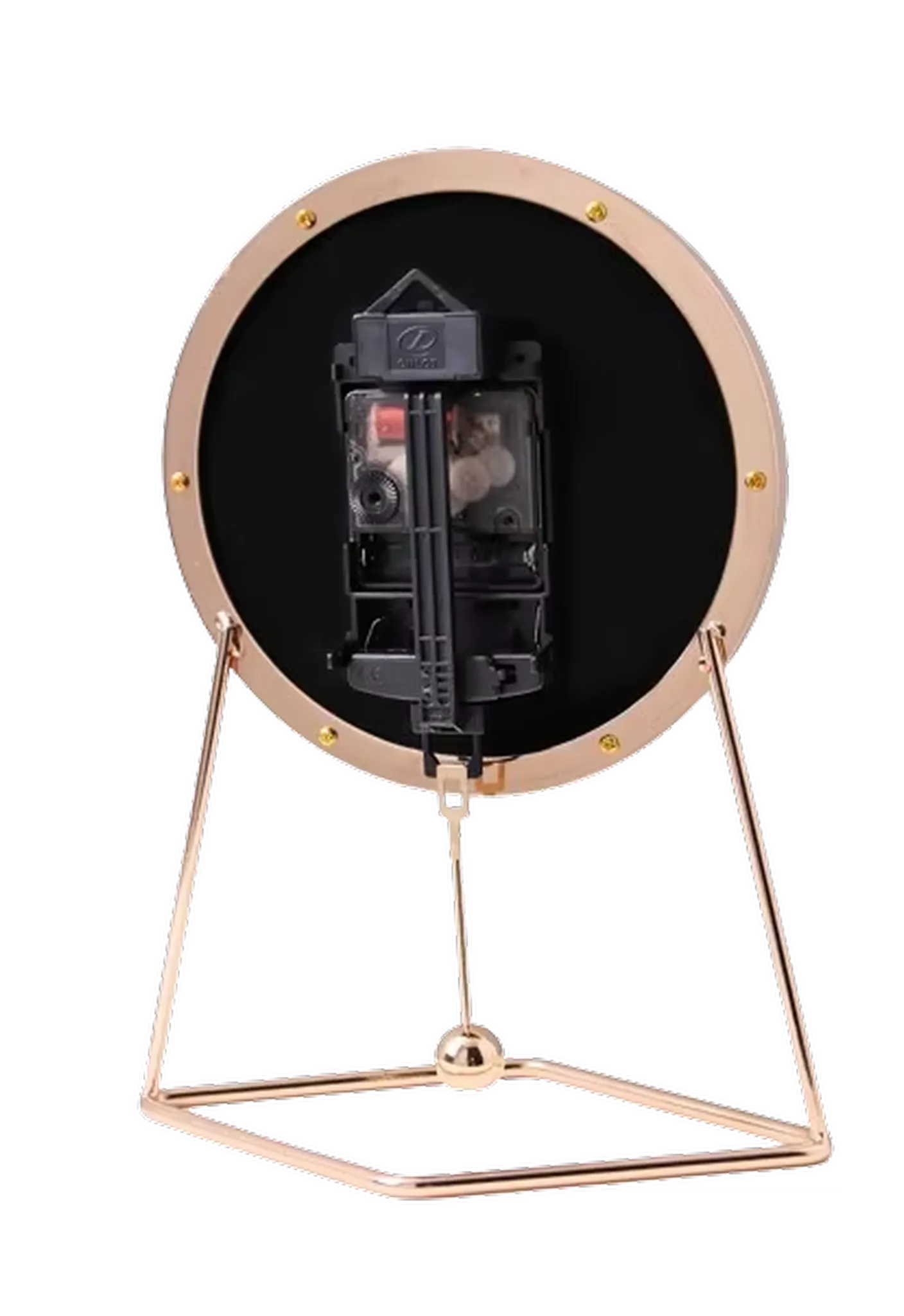 Pendulum Table Clock - Dralen, showcasing its quartz movement and battery compartment, mounted on a triangular wire stand, illustrating its modern open-concept design and classic timekeeping for dynamic elegance.