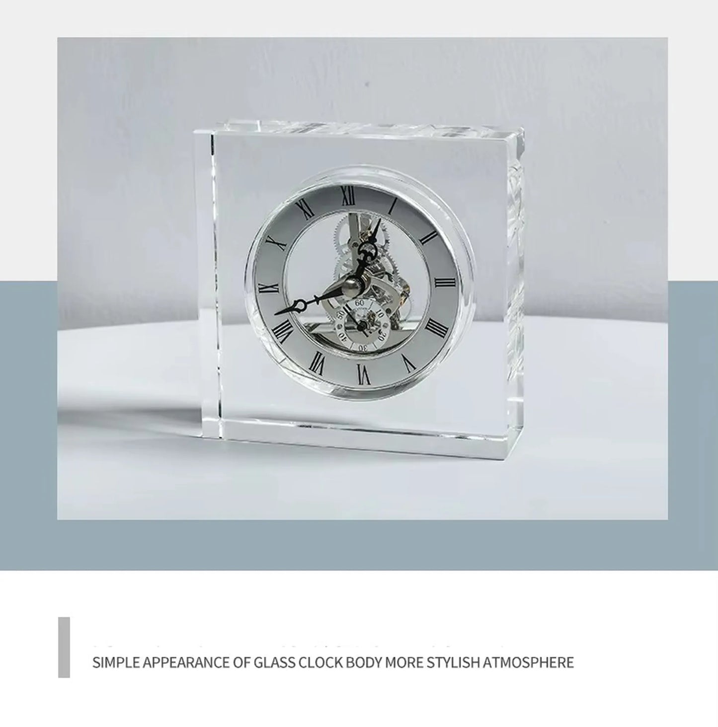 Crystal tabletop clock - Dunley features a clear-glass body showcasing its skeletonized movement, Roman numeral silver face, and ornate hands. A modern elegance piece for desks or mantels.