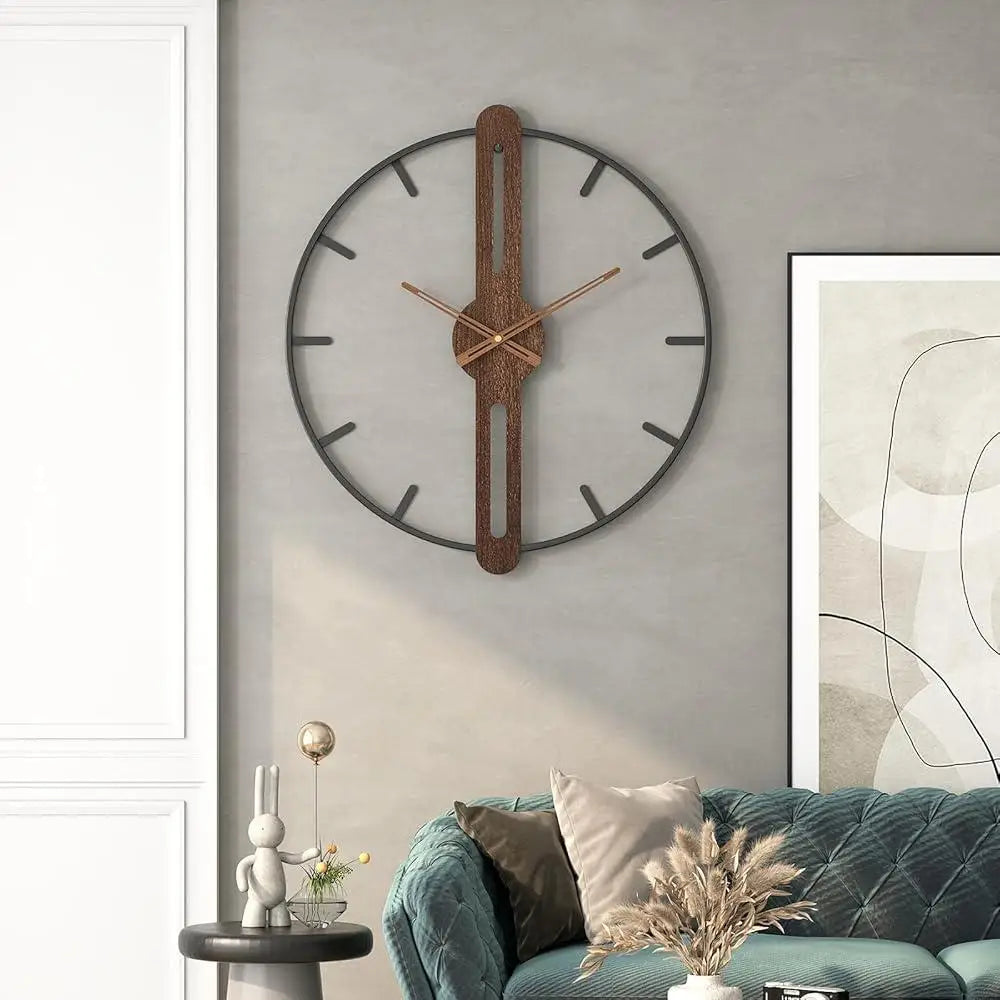 Very large modern wall clocks - Largolck: A striking 27.6-inch round wall clock with a thin black rim, vertical wooden accent, and copper hands, perfectly complementing contemporary living spaces with its silent elegance.