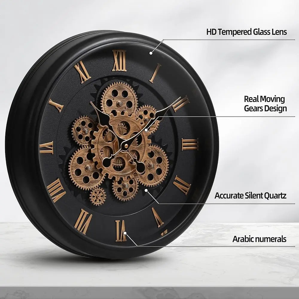 Oversized Wall Clock - Kairos features a steampunk-style, exposed gear mechanism under HD tempered glass, with Roman numerals and a silent quartz movement, housed in a distressed black metal frame.