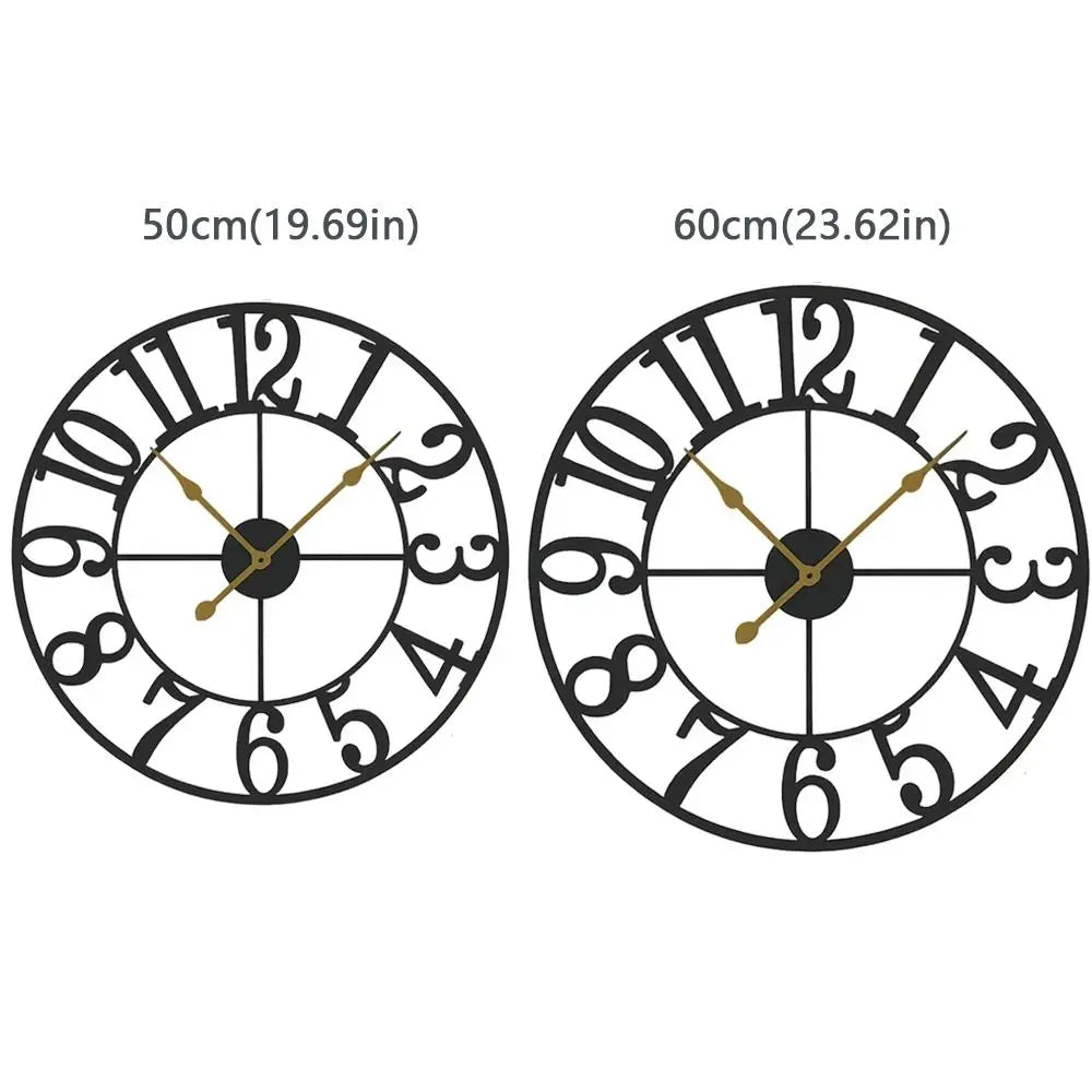 Oversized Wall Clock - Alderton features two open-frame designs with black metal rings, cut-out numerals, and slender gold hands, showcasing visible moving gears for a striking, dynamic look.