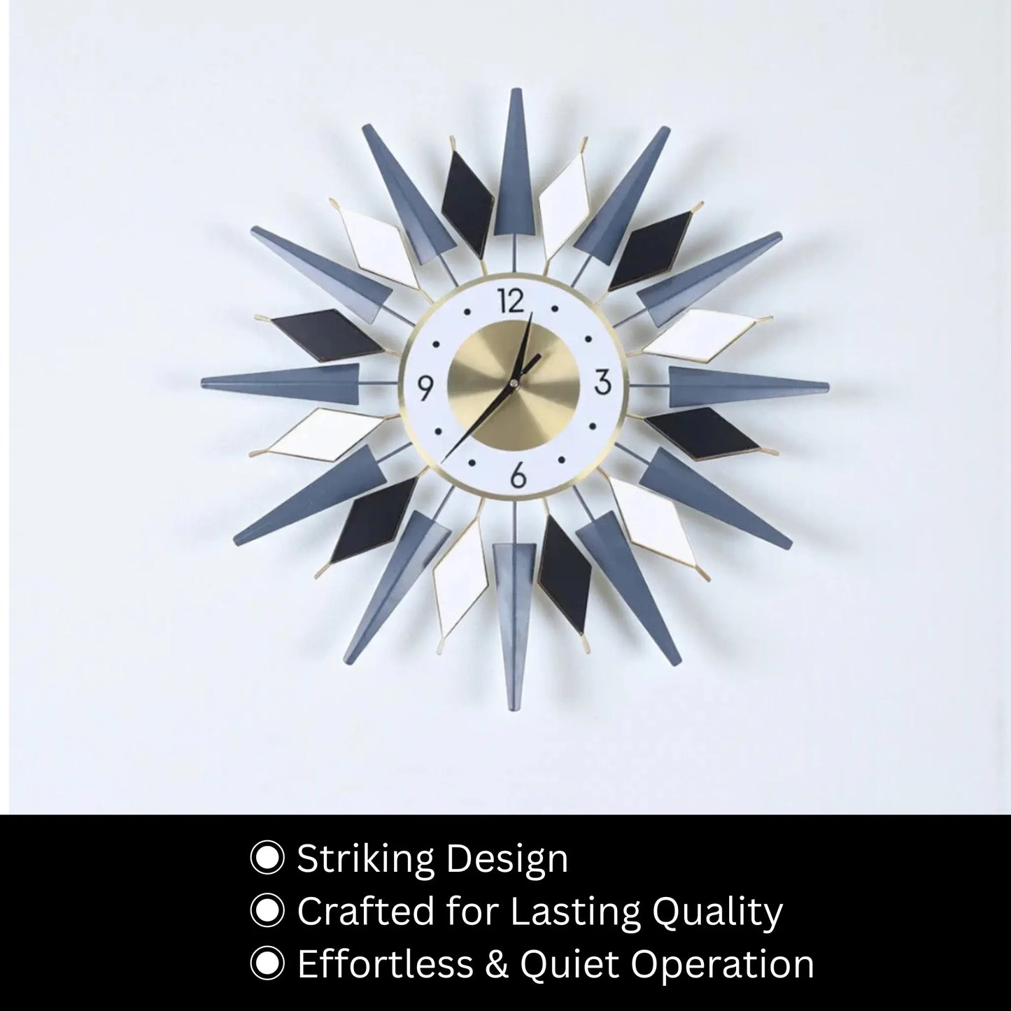 Big Decorative Wall Clocks - Denley features a mid-century design with alternating diamond and wedge-shaped spokes, enhancing any space with its striking, quiet functionality.