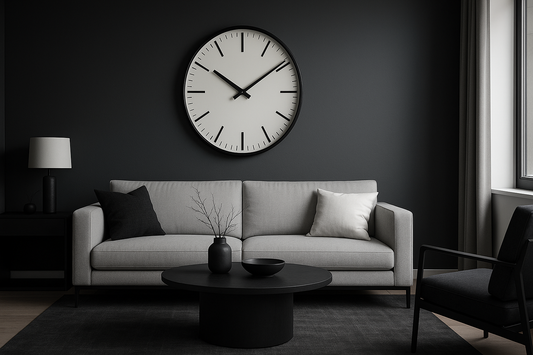 Minimalist living room featuring a large round wall clock on a charcoal wall, above a gray sofa. Black coffee table with vase and bowl in front.
