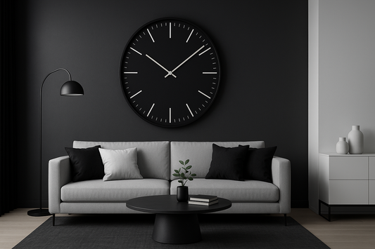 Sleek living room featuring a large, minimalist black wall clock from The Horologista, complemented by a light-gray sofa, arched floor lamp