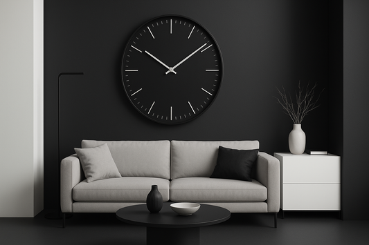 Minimalist living room with a matte-black wall clock featuring white tick marks and hands, complemented by a gray sofa, black table