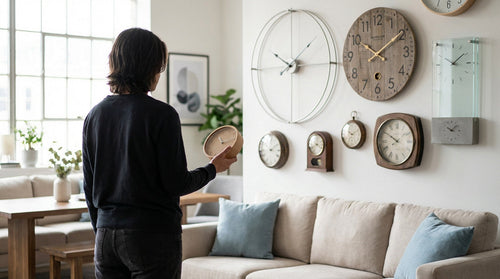 Variety of wall clock styles and sizes displayed together showing different options for home decor