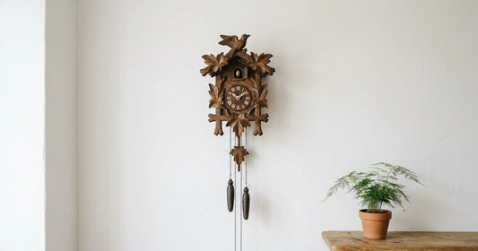 Elegant cuckoo clock on white wall in clean minimalist interior design setting