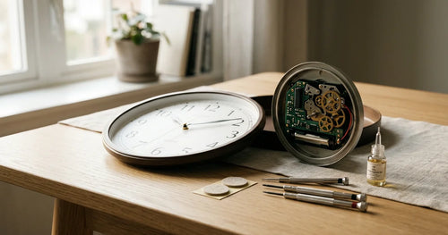Wall clock with exposed mechanism and repair tools for noise reduction
