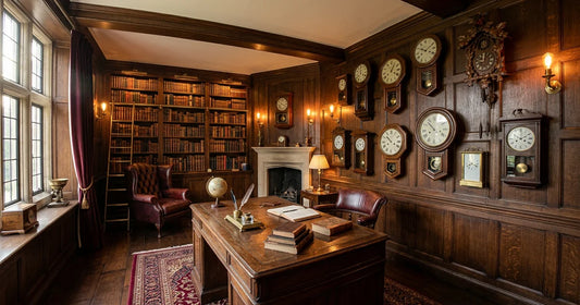 Collection of vintage mechanical wall clocks displayed in sophisticated wood-paneled study room