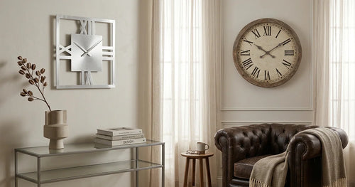Modern and vintage wall clocks displayed in contrasting interior design settings
