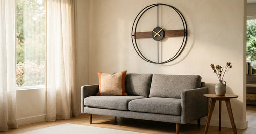 Modern oversized wall clock as focal point in contemporary living room interior