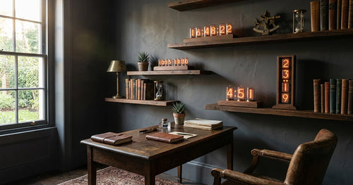 Collection of glowing nixie clocks in sophisticated interior design setting with warm lighting