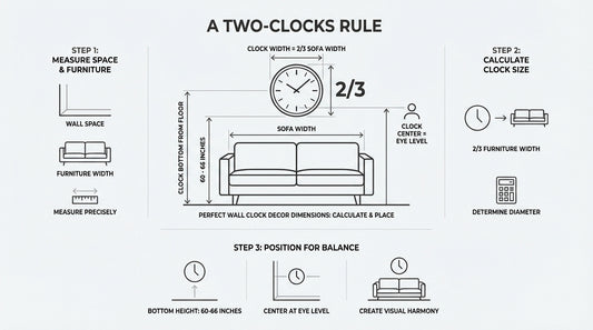 Minimalist wall clock centered above a modern sideboard following the two-thirds width rule