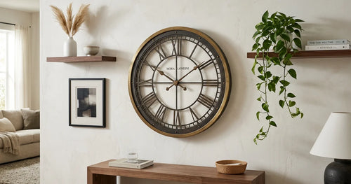 Stylish wall design featuring statement clock with curated surrounding decor elements