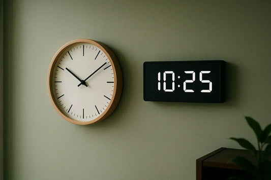 Two wall clocks: a minimalist round analog clock with a light wood frame and a rectangular digital clock displaying 10:25, mounted on a muted green wall.