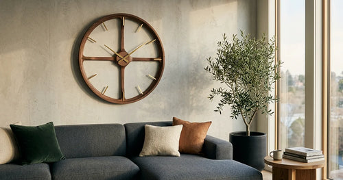 Modern living room showcasing strategic wall clock placement and 2026 design trends