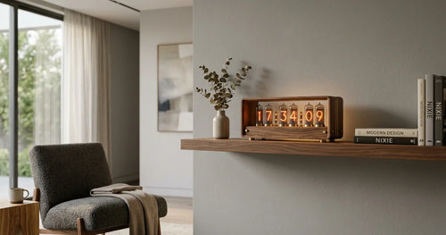 Modern walnut Nixie clock with glowing orange digits in contemporary minimalist living room