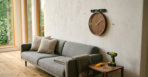 Person using level to mount wall clock securely in modern living room