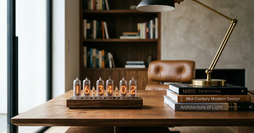 Glowing Nixie tube clock on walnut desk showcasing vintage technology as modern design